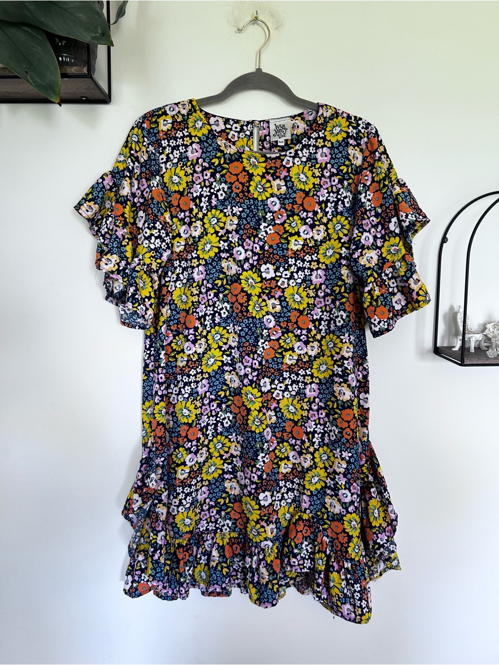 Ivy‎ Jane Floral Print Crew Neck Short Ruffle Sleeve Mini Dress Size Medium